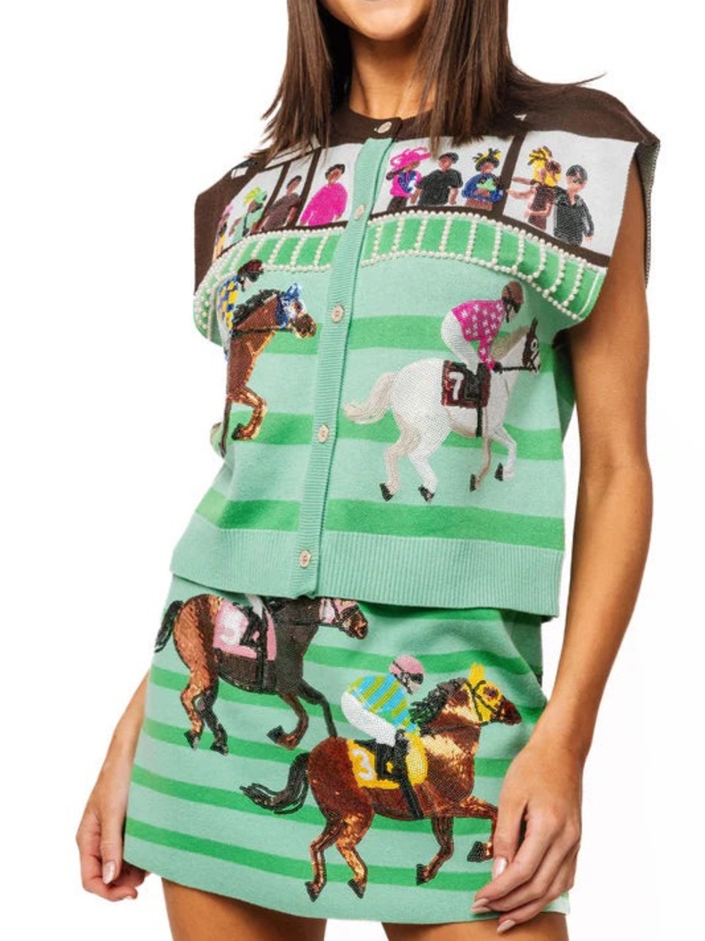 QUEEN OF SPARKLES Mint Green Horse Racing Knit cardigan
